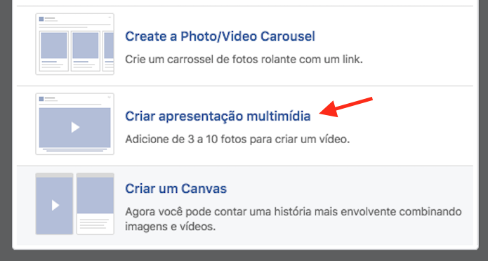 Opção que permite criar um vídeo com fotos para postar em uma página do Facebook (Foto: Reprodução/Marvin Costa)