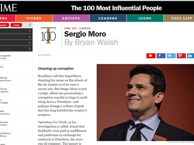 Site da revista 'Time'  com o juiz Sérgio Moro (Foto: Reprodução/Time Magazine)