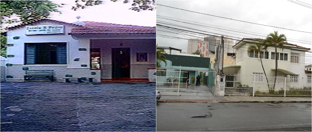 Colégio São Pedro em 1977 e local em 2015 (Foto: Montagem/ G1)