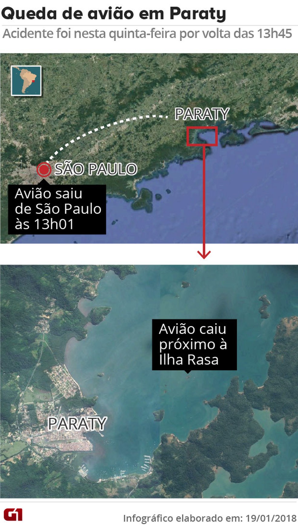 Mapa do local do acidente com aviÃ£o em Paraty (Foto: Arte/G1)