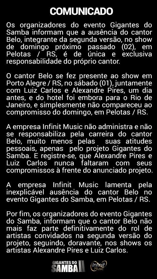 Comunicado Gigantes do Samba (Foto: Reprodução / Facebook)