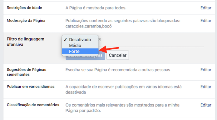Definição de um filtro de linguagem ofensiva em uma página do Facebook (Foto: Reprodução/Marvin Costa)
