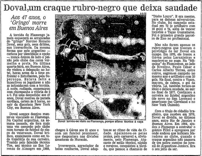 Morte de Doval é informada por "O Globo" em 13 de outubro de 1991 (Foto: Reprodução/Acervo "O Globo")