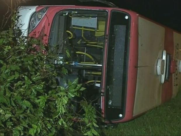 Ônibus que tombou depois de bater em carro e acertar árvore no DF (Foto: TV Globo/Reprodução)