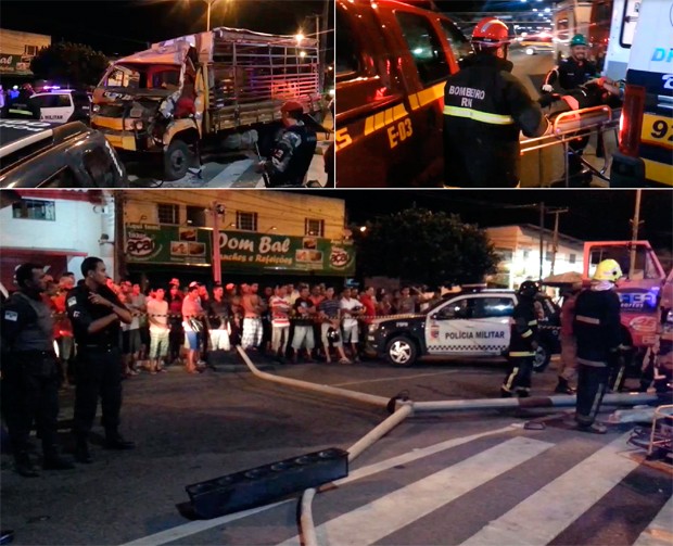 Semáforo foi derrubado e deixou o trânsito congestionado. Pai e filho foram resgatados por equipes de socorro do Samu e Corpo de Bombeiros (Foto: Kleber Teixeira/Inter TV Cabugi)