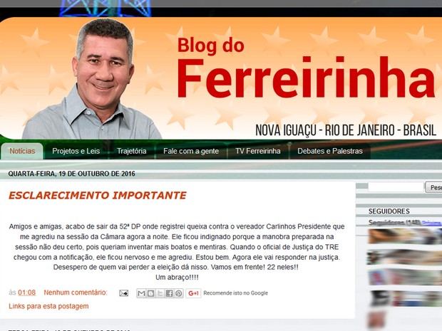 Vereador postou uma declaração em seu blog (Foto: Reprodução) Vereador postou uma declaração em seu blog (Foto: Reprodução)