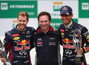 Sebastian Vettel, Christian Horner e Mark Webber no pódio do GP do Brasil (Foto: Getty Images)