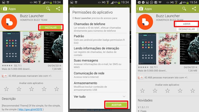 Instale o Launcher pelo app Google Play, aceite as suas permissões e clique em Abrir para executá-lo (Foto: Reprodução/Daniel Ribeiro)