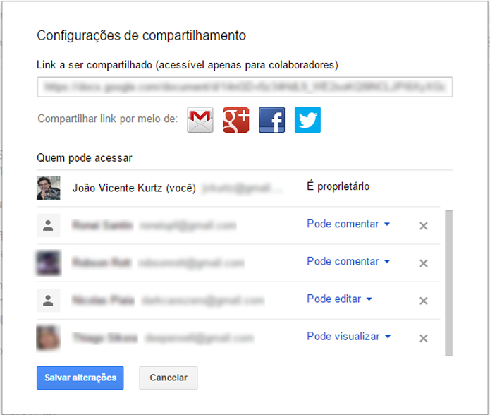 Permissões de arquivos compartilhados podem ser customizadas por usuário (foto: Reprodução/Google)