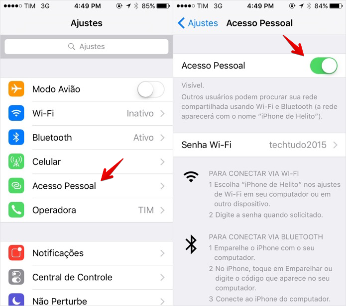 Compartilhando Internet do iPhone por Wi-Fi (Foto: Reprodução/Helito Bijora)