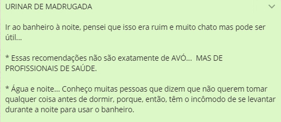 Mensagem que circula no Whatsapp sobre tomar água à noite (Foto: Reprodução/ Whatsapp)