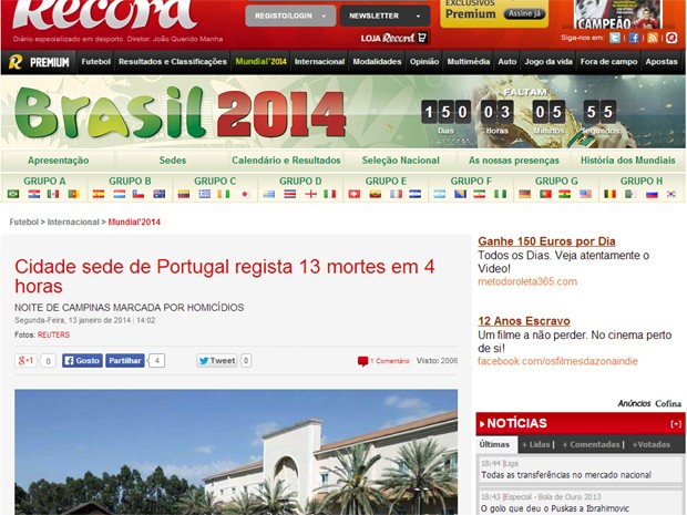 Site português Record noticia mortes em Campinas (Foto: Reprodução)