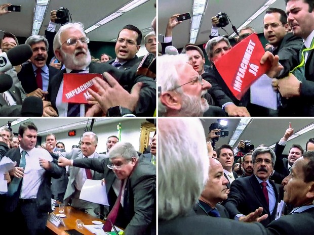 Os deputados Ivan Valente (PSOL-SP) e Caio Narcio (PSDB-MG) brigam após o anúncio do fim da sessão sem que todos os oradores falassem na Comissão Especial do Impeachment na Câmara dos Deputados, em Brasília (Foto: Reprodução/TV Globo)