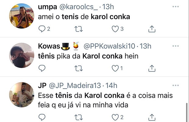 Internautas comentam tênis de Karol Conká em prova de estreia do BBB21 (Foto: Reprodução/ Instagram)