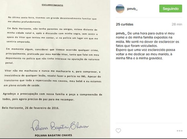 Poliana Chaves, mulher de Victor, faz post sobre suposta agressão do cantor (Foto: Reprodução/Instagram)