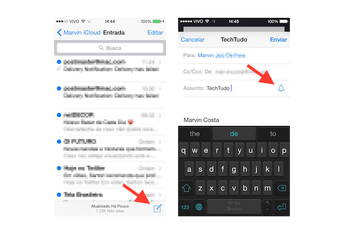 Enviando um e-mail e ativando notificações de resposta no Mail do iOS 8 (Foto: Reprodução/Marvin Costa)