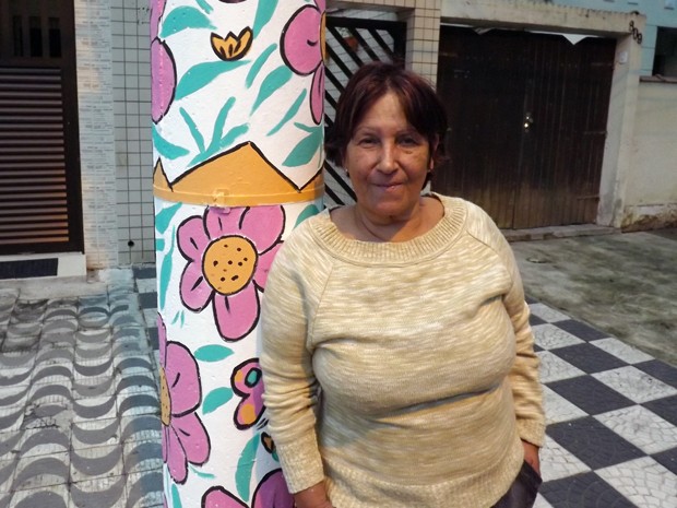 Professora aposentada chama a atenção ao pintar poste em Santos, SP (Foto: Ivair Vieira Jr/G1)