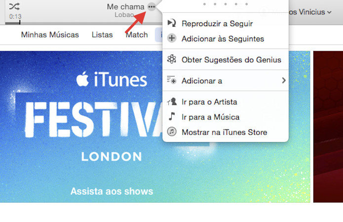 Acessando as configurações rápidas de uma faixa em execução no iTunes (Foto: Reprodução/Marvin Costa)