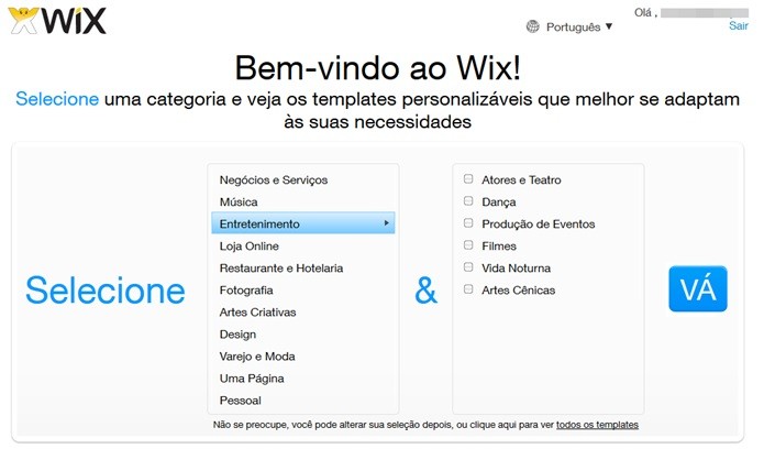 Selecione categorias para o Wix (Foto: Reprodução/Carolina Ribeiro)