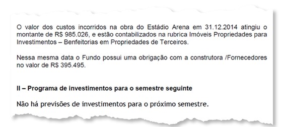 Trecho de balanço semestral da Arena Corinthians sobre investimentos da Odebrecht (Foto: Reprodução)