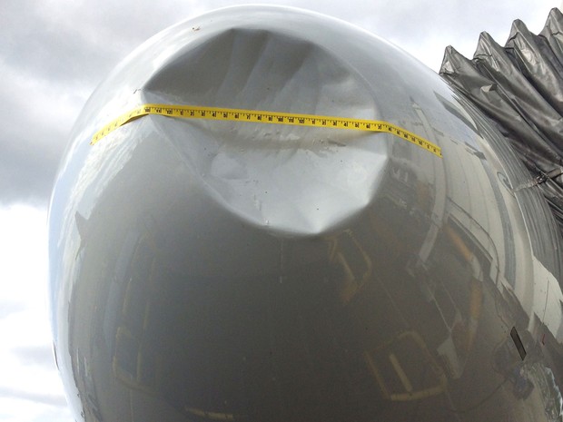 Avião da American Airlines que iria a Dallas é visto após retornar ao aeroporto de Seattle, depois que um pássaro se chocou com o nariz da aeronave, na quarta (27) (Foto: Port of Seattle via AP)