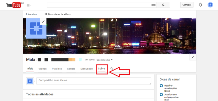 Clique em "Sobre" para editar as informações do Canal (Foto: Reprodução/Juliana Pixinine)