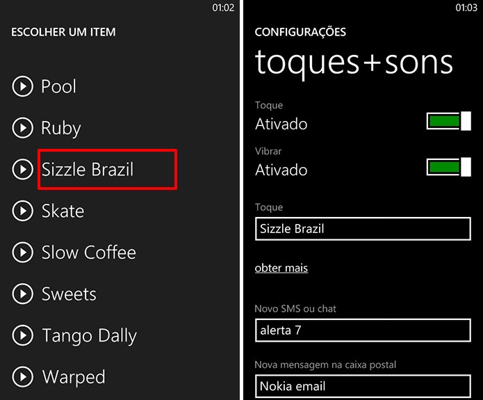 Usuário pode mudar toque do Windows Phone pressionando o nome dos rigntones (Foto: Reprodução/Elson de Souza)