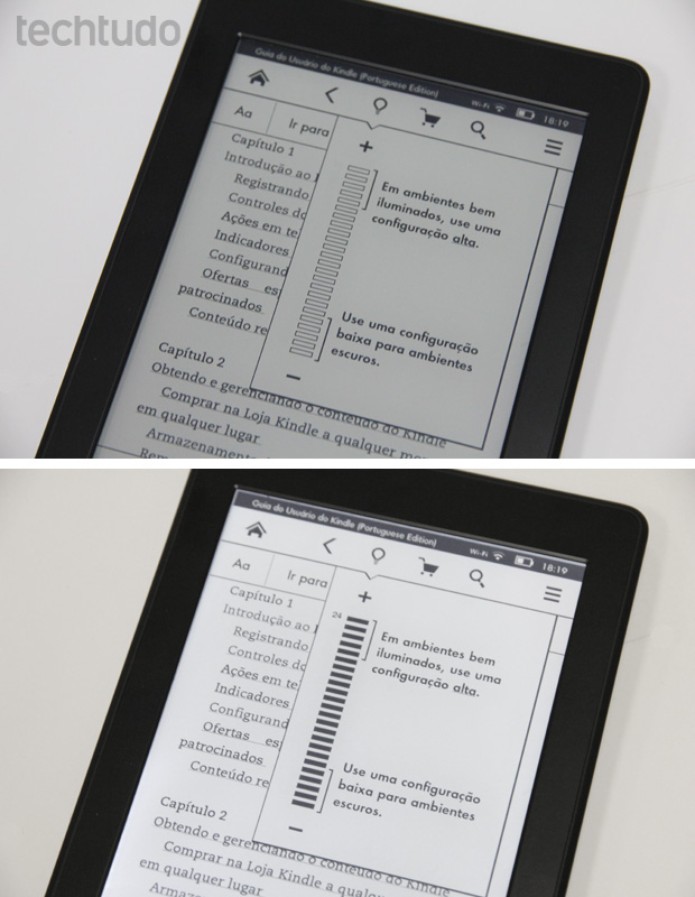 Tela do Kindle Paperwhite com iluminação desativada, acima, e com brilho no máximo, abaixo (Foto: Isadora Díaz/TechTudo) Tela do Kindle Paperwhite com iluminação desativada, acima, e com brilho no máximo, abaixo (Foto: Isadora Díaz/TechTudo)