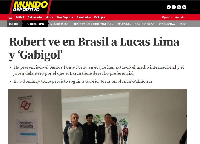 Jornal Mundo Deportivo usou foto do GloboEsporte.com para mostrar presença de diretor do Barça na Vila (Foto: reprodução)