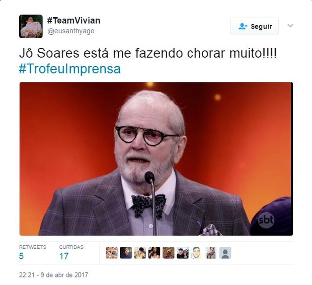 Internautas elogiam reecontro de Jô Soares e Silvio Santos no Troféu Imprensa (Foto: Reprodução / Twitter)