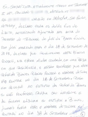 Primeira parte da carta escrita por Sandro Dota com confissão, segundo seus novos advogados (Foto: Reprodução)