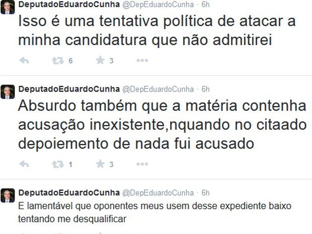 Deputado Eduardo Cunha (PMDB-RJ) publicou mensagens no Twitter sobre possível citação em depoimento na Lava Jato (Foto: Reprodução/Twitter)