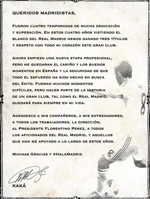 Carta de despedida de Kaká ao Real Madrid (Foto: Reprodução / Facebook)