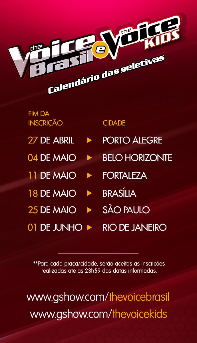 Calendário de inscrições do The Voice Brasil e The Voice Kids (Foto: Gshow)