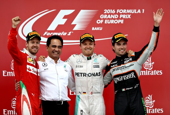 Sebastian Vettel, Nico Rosberg e Sergio Pérez no pódio do GP da Europa em Baku (Foto: Getty Images)