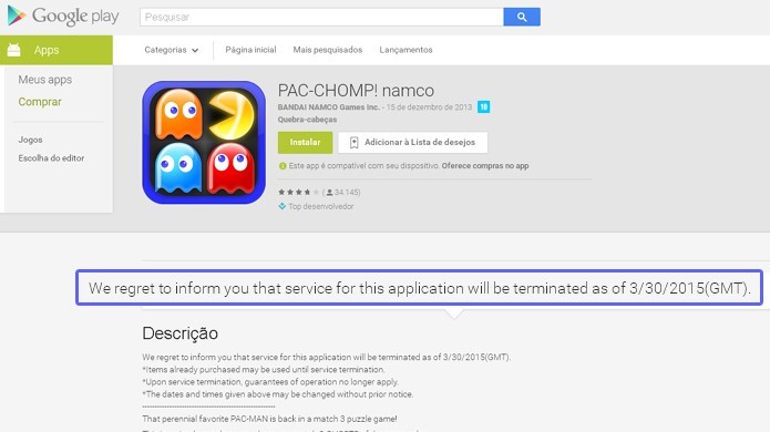 Pac-Chomp e outros games da Namco Banday serão removidos da App Store e Google Play (Foto: Reprodução/Rafael Monteiro)