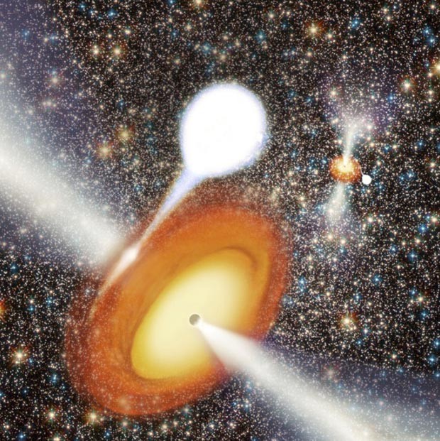 Ilustração simula coexistência de dois buracos negros no mesmo aglomerado (Foto: Benjamin de Bivort/Divulgação)