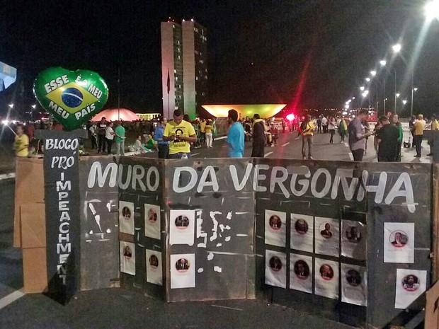 'Muro da vergonha' feito por manifestantes na Esplanada dos Ministérios para criticar senadores que apoiam o governo da presidente Dilma Rousseff (Foto: Ingrid Borges/G1)