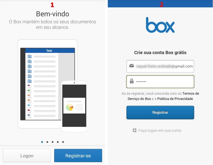 Telas iniciais no Android para criação de conta no Box (Foto: Reprodução/Raquel Freire)