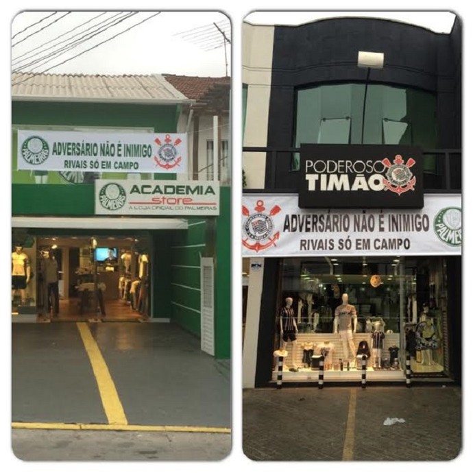 Lojas oficiais de Timão e Verdão fazem campanha pela paz no Dérbi