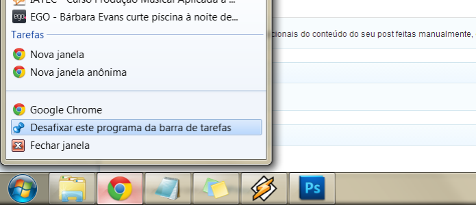 Clique com o botão direito no ícone do Google Chrome e selecione a opção “Desafixar este programa da barra de tarefas” (Foto: Reprodução/Henrique Duarte) Clique com o botão direito no ícone do Google Chrome e selecione a opção “Desafixar este programa da barra de tarefas” (Foto: Reprodução/Henrique Duarte)