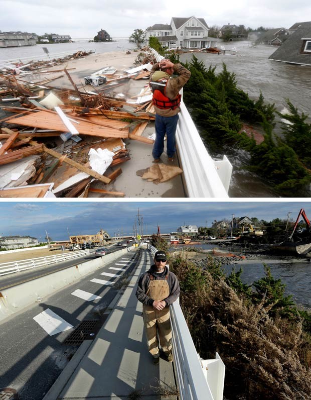 Vista de uma ponte em Mantaloking, Nova Jersey, cujo entorno foi alagado e acumulou escombros de casas destruídas (Foto: Julio Cortez/AP)