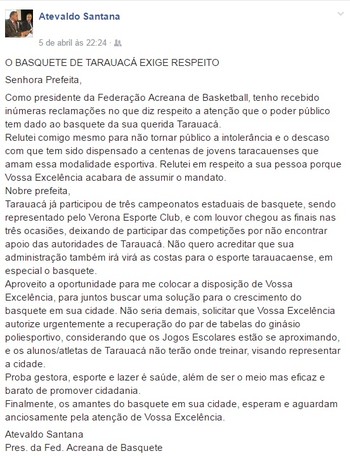 Atevaldo Santana, presidente da Feab, cobra providências (Foto: Reprodução/Facebook)