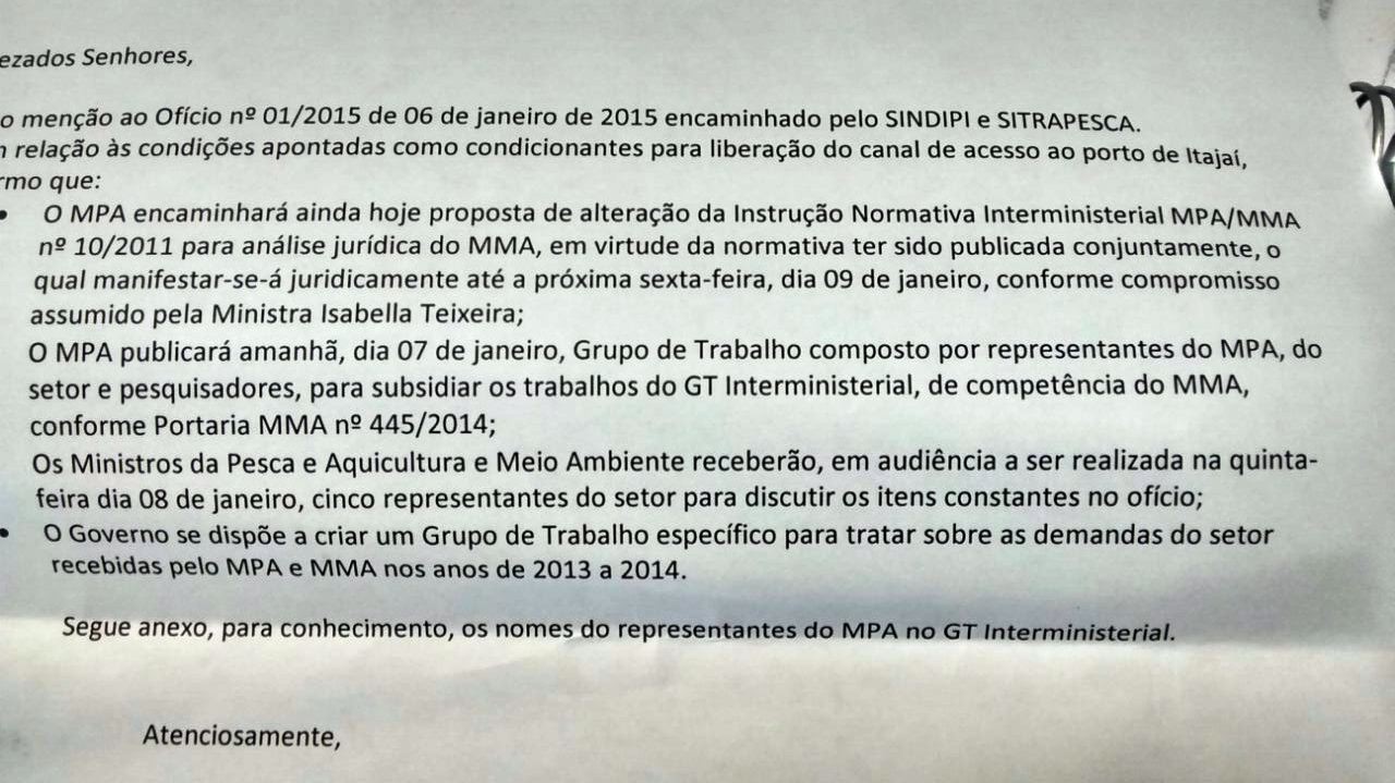 Carta anuncia reunião entre pescadores e ministérios envolvidos (Foto: Reprodução/Sindipi)