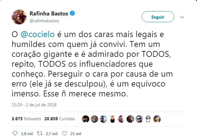 Tuíte de Rafinha Bastos em defesa de Julio Cocielo (Foto: reprodução )