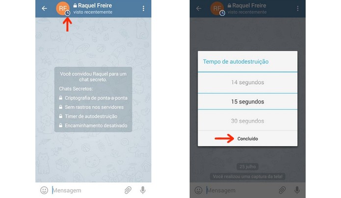 Definição do tempo de autodestruição de mensagem no Telegram (Foto: Reprodução/Raquel Freire) Definição do tempo de autodestruição de mensagem no Telegram (Foto: Reprodução/Raquel Freire)
