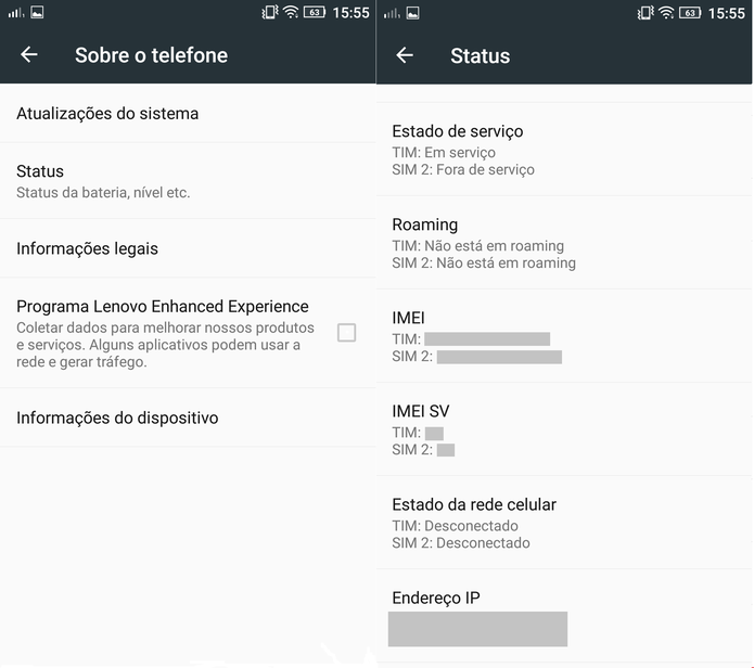 Verificando o cÃ³digo IMEI nas configuraÃ§Ãµes de um celular Android (Foto: ReproduÃ§Ã£o/Caio Bersot)