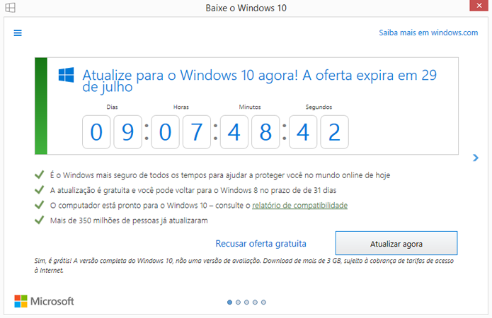 Contador da Microsoft mostra tempo até fim da atualização para Windows 10 (Foto: Reprodução/Windows)