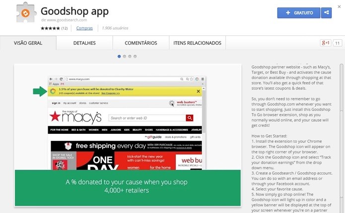 Goodshop conta com mais de 4 mil lojas onde é possível fazer compras e doar parte para causas importantes para usuário (Foto: Reprodução/Chrome Web Store)