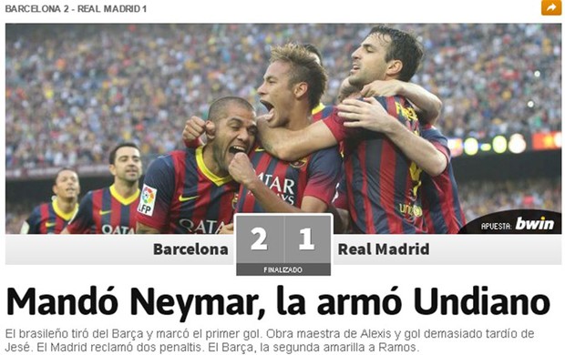 jornal vitória Barcelona sobre Real Madrid (Foto: Reprodução / AS.com)